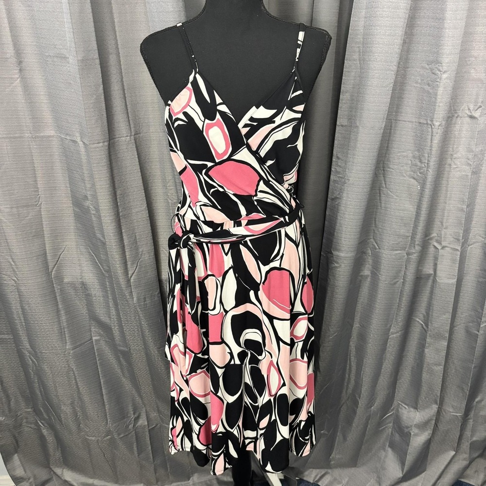 VTG Y2K Merona Wrap Dress Womens M Black Pink Abstract Spaghetti Strap Belted